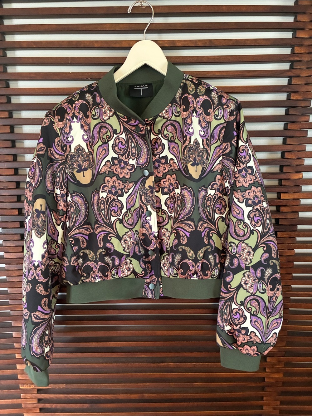🎉NEW LISTING!🎉Tahari Olive and Purple Paisley Bomber Jacket